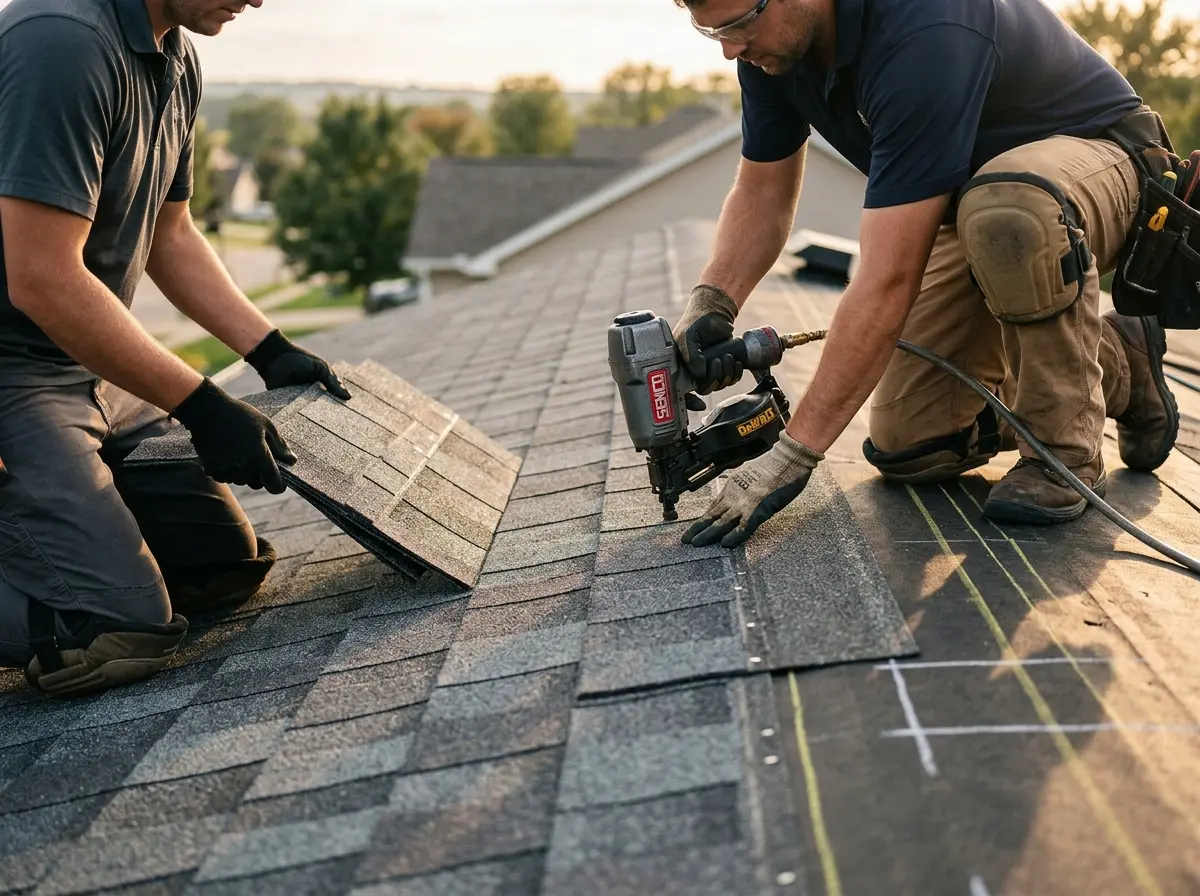 Professional roofer working on a residential roof in Gypsum